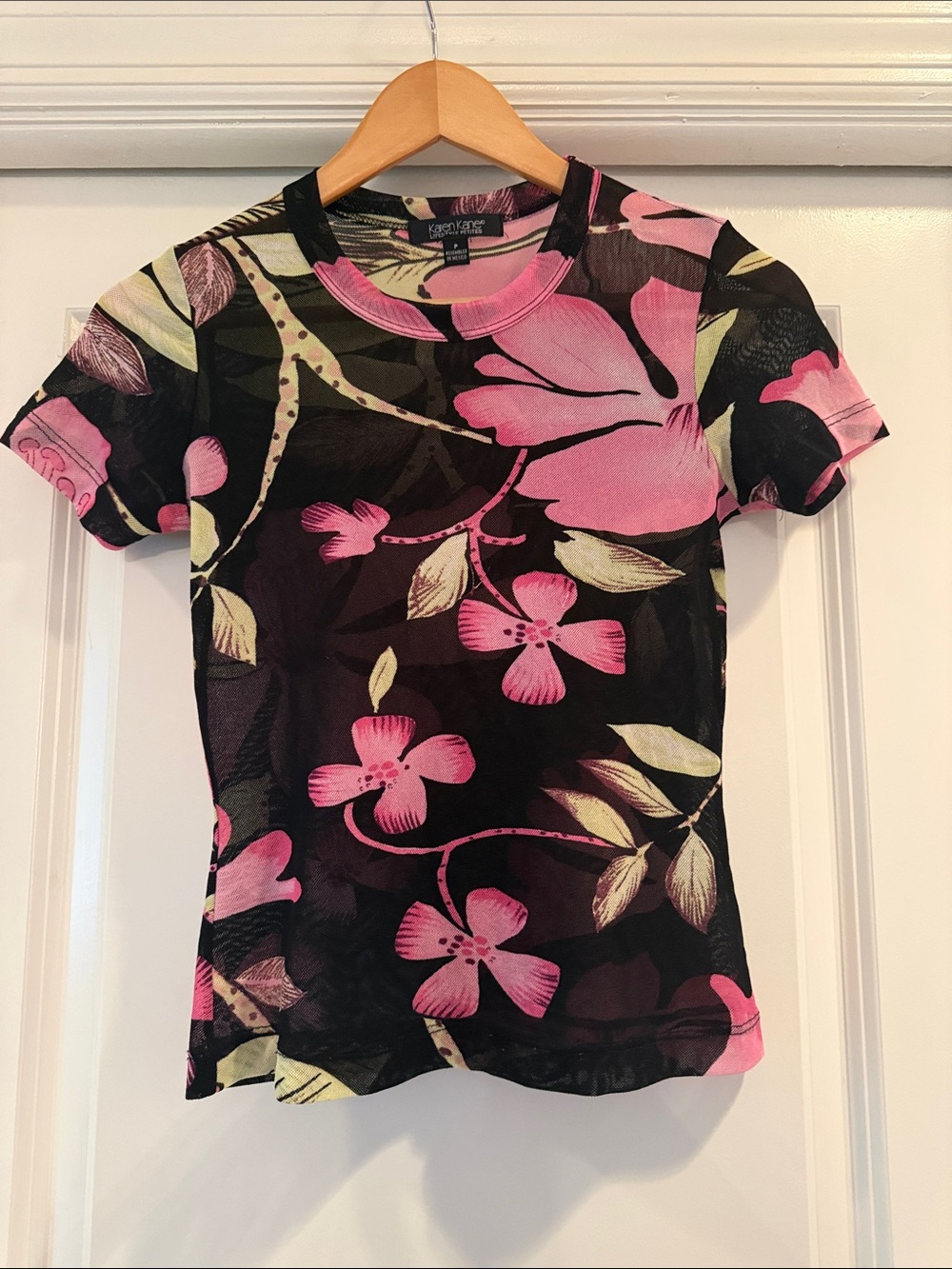 Karen Kane Black and Pink Floral Mesh Top